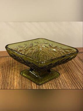 Olive Green Embossed Indiana Glass Pedestal Candy Dish